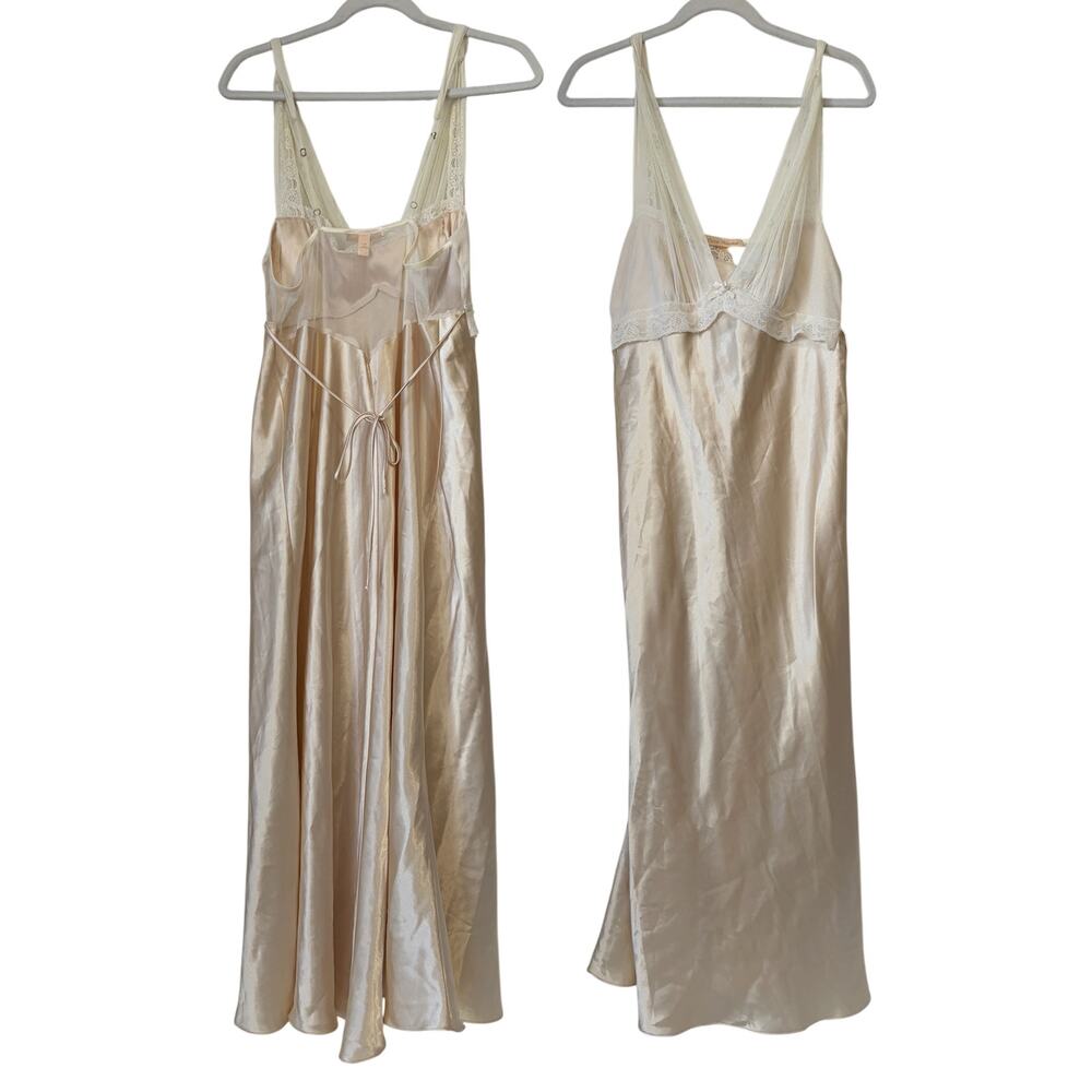 Vintage Flora Nikrooz Champagne Satin Lace Mesh Slip Maxi Dress Size L Y2K